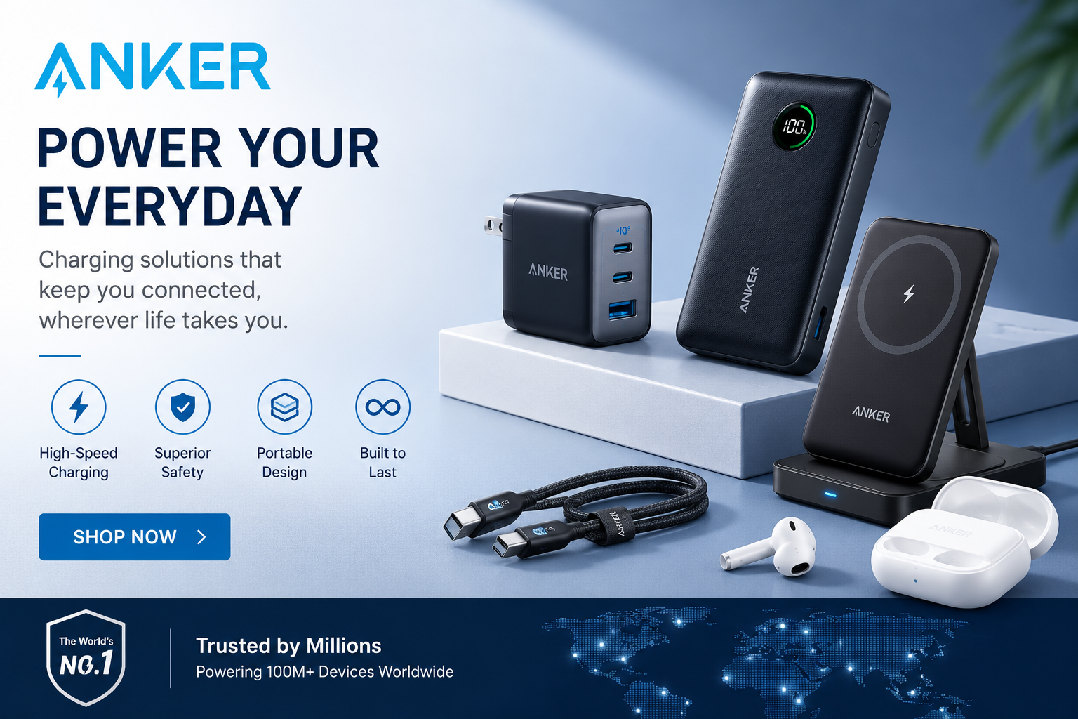 Anker collection featuring fast chargers, portable power banks, wireless chargers, USB-C cables, docking stations, charging stations, and premium mobile charging accessories.