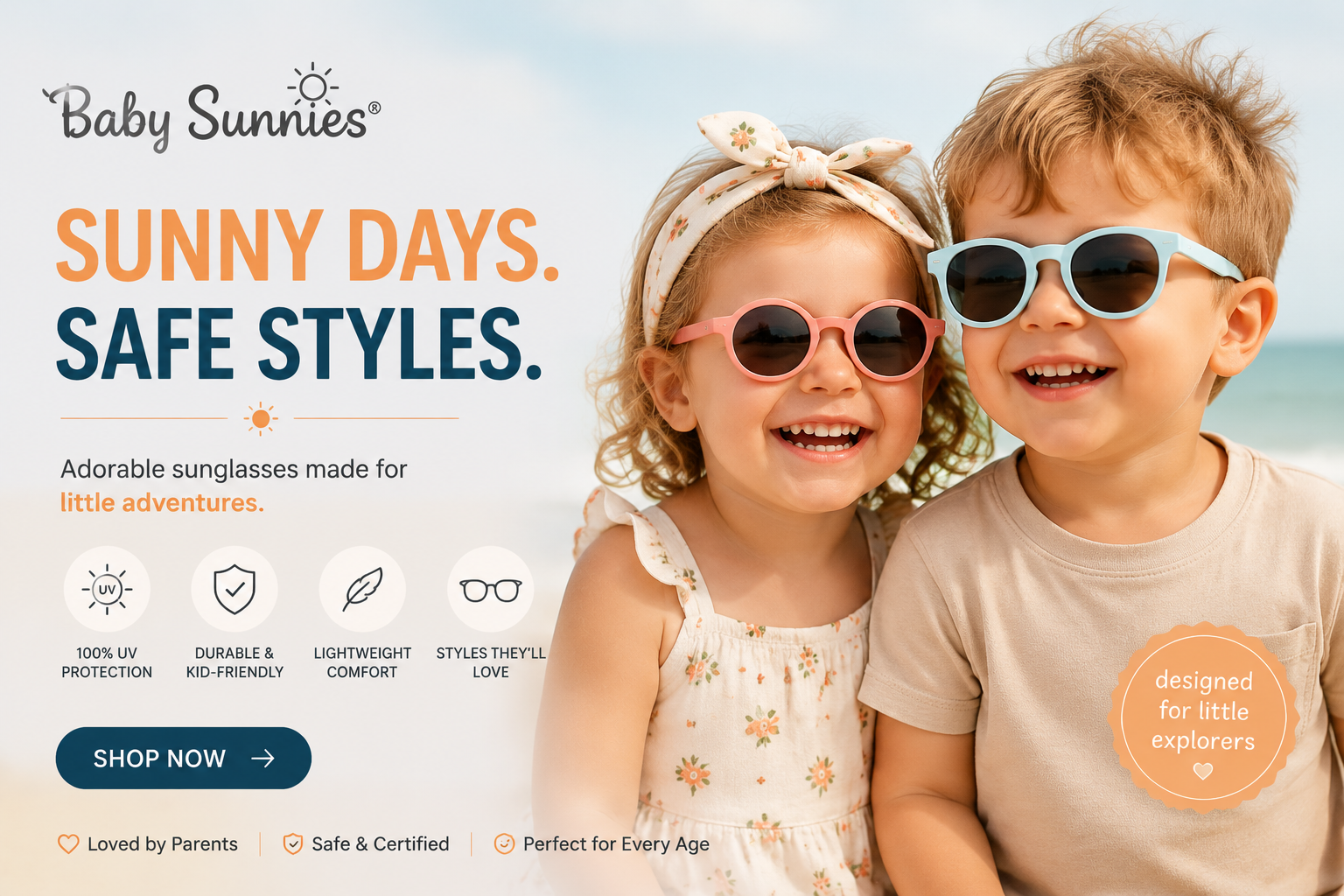 Baby wearing Baby Sunnies polarized UV400 sunglasses with a flexible silicone frame and adjustable strap for safe outdoor adventures. You're on the free plan