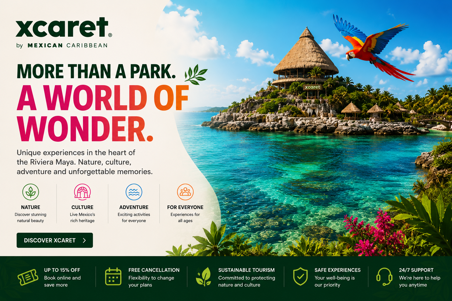 Xcaret eco-park in Riviera Maya featuring underground rivers, cenotes, cultural performances, wildlife attractions, adventure activities, and unforgettable Mexico travel experiences.