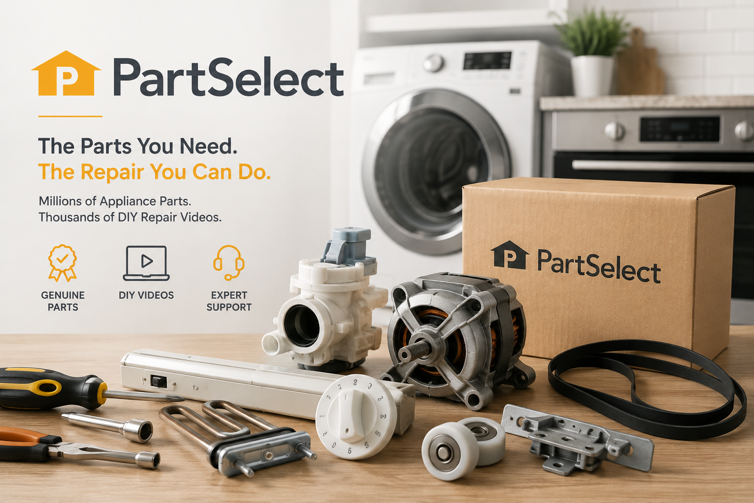 PartSelect online store featuring genuine OEM appliance parts, refrigerator, washer, dryer, dishwasher, oven, microwave, and lawn equipment replacement parts.