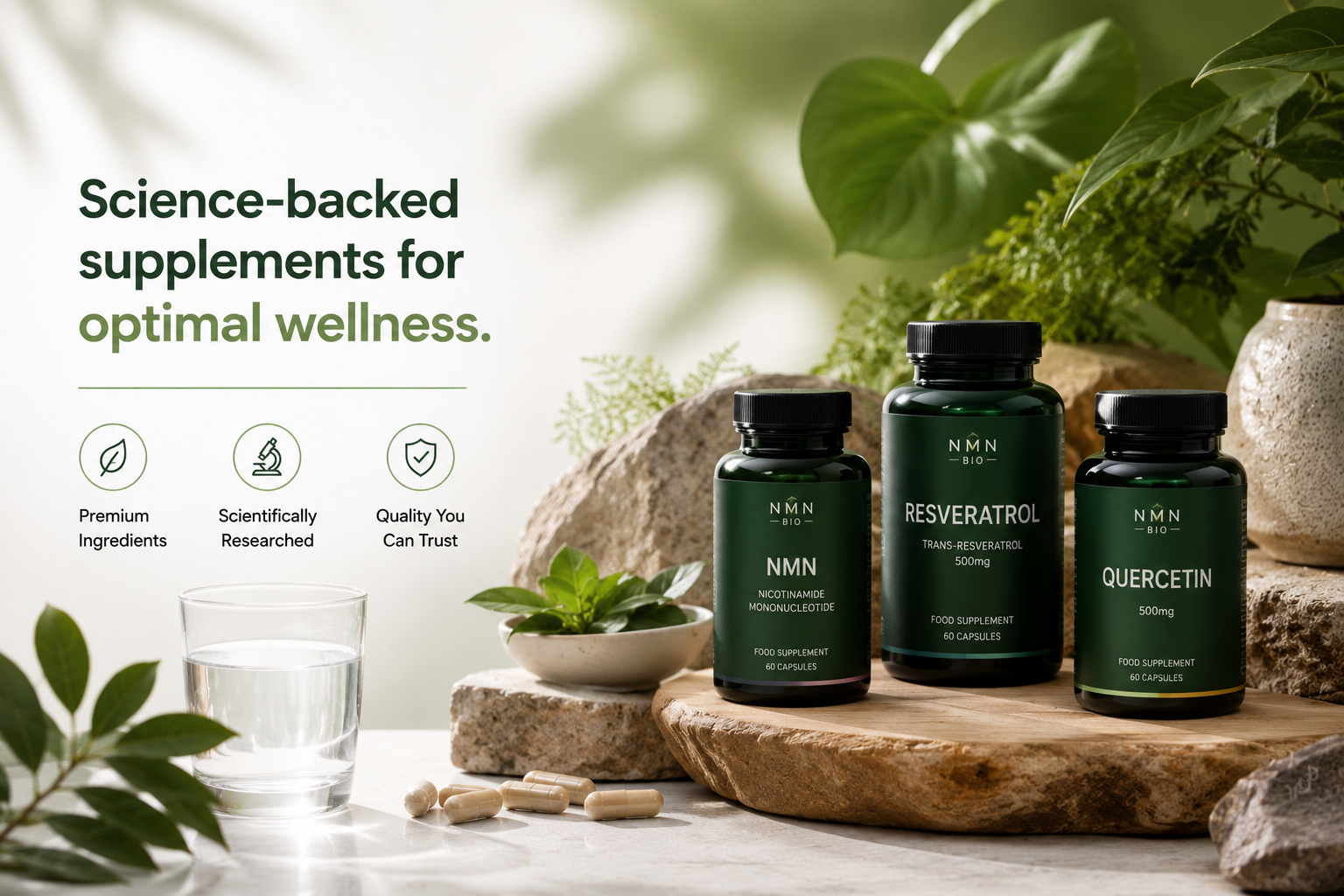 NMN Bio premium longevity supplement collection featuring NMN capsules, NAD+ support formulas, magnesium blends, TMG supplements, and science-backed wellness products for healthy aging and cellular health.