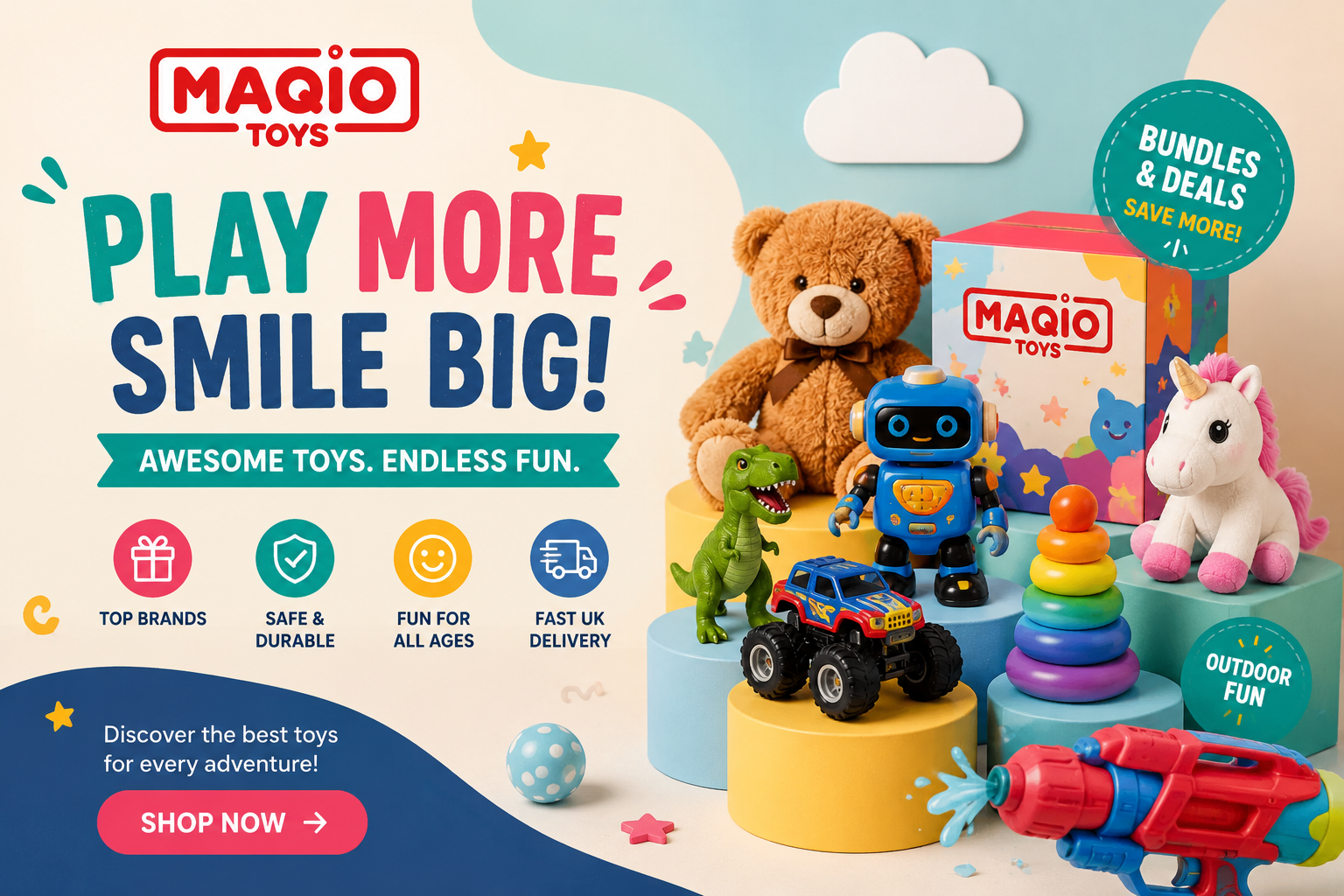 Maqio online toy store featuring action figures, educational toys, board games, outdoor play equipment, collectibles, and children's gifts from leading toy brands.