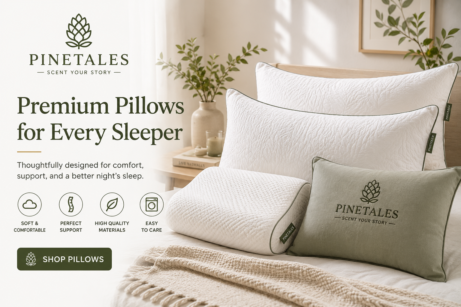 PineTales collection featuring organic buckwheat pillows, millet pillows, natural latex pillows, meditation cushions, premium pillowcases, and sleep wellness accessories.