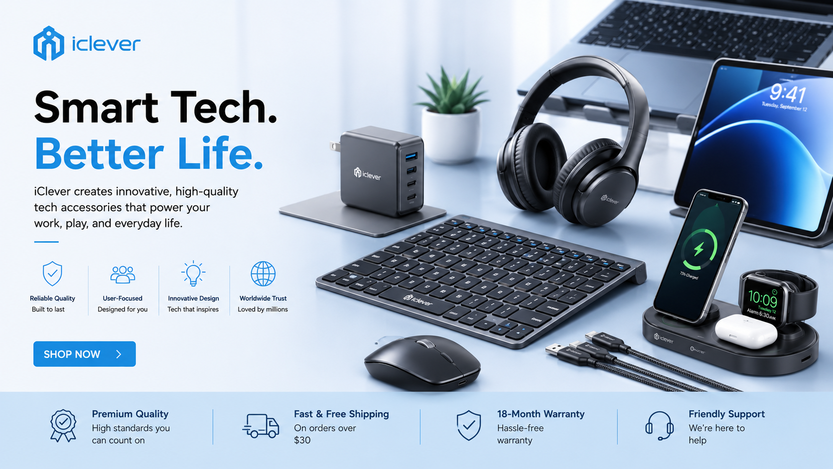 iClever electronics collection featuring kids' headphones, Bluetooth keyboards, wireless mice, and innovative technology accessories.