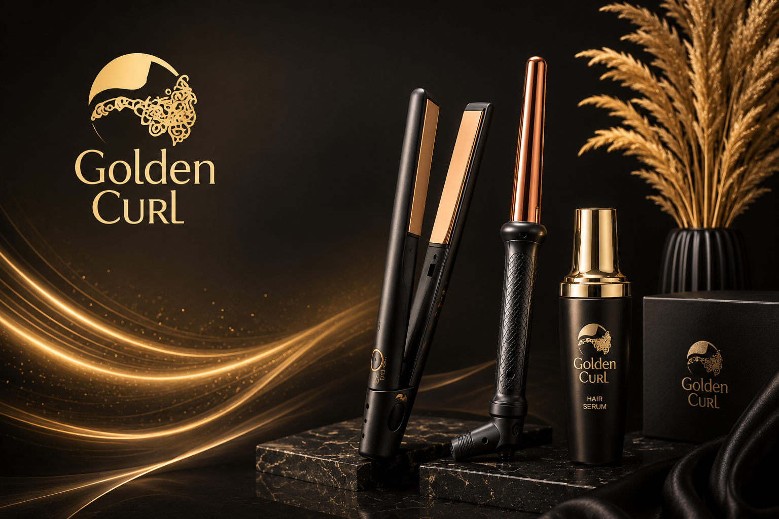 Golden Curl collection featuring professional hair straighteners, curling irons, hair dryers, infrared styling tools, argan oil hair care products, and premium salon-quality beauty accessories.