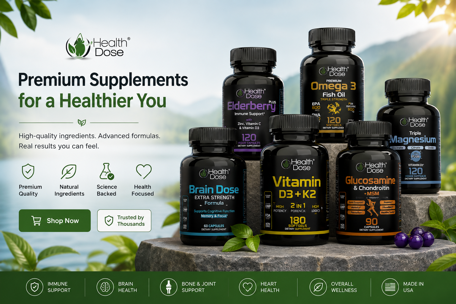 HealthDose USA premium health supplements featuring Omega-3, Vitamin D3 + K2, Triple Magnesium, Elderberry, joint support, and science-backed wellness products.