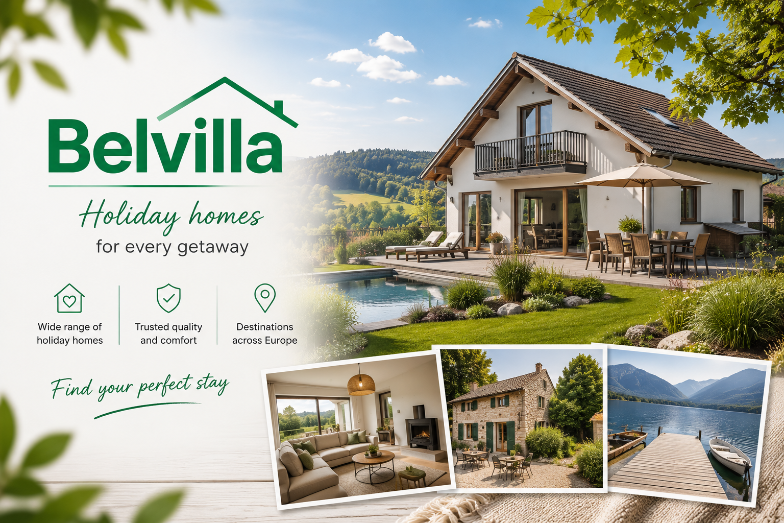 Belvilla Germany holiday home platform featuring luxury villas, cozy cottages, mountain chalets, beachfront apartments, family vacation rentals, and unique holiday accommodations across Europe.