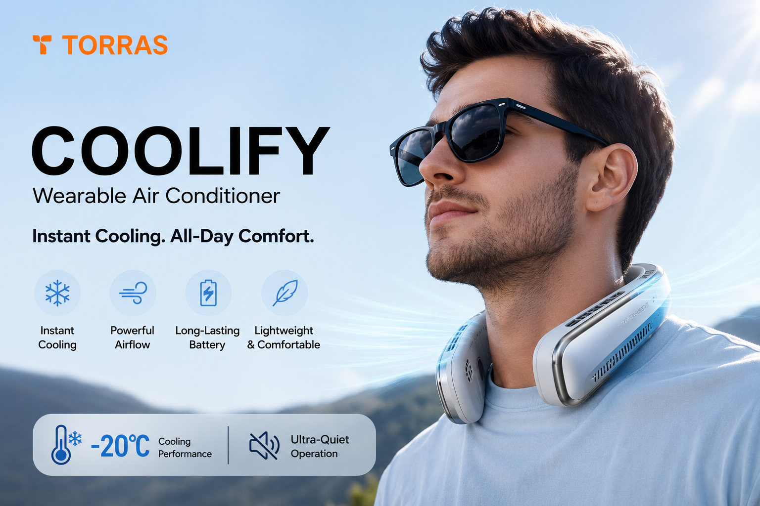 TORRAS Coolify wearable neck air conditioner providing hands-free personal cooling for indoor and outdoor use.