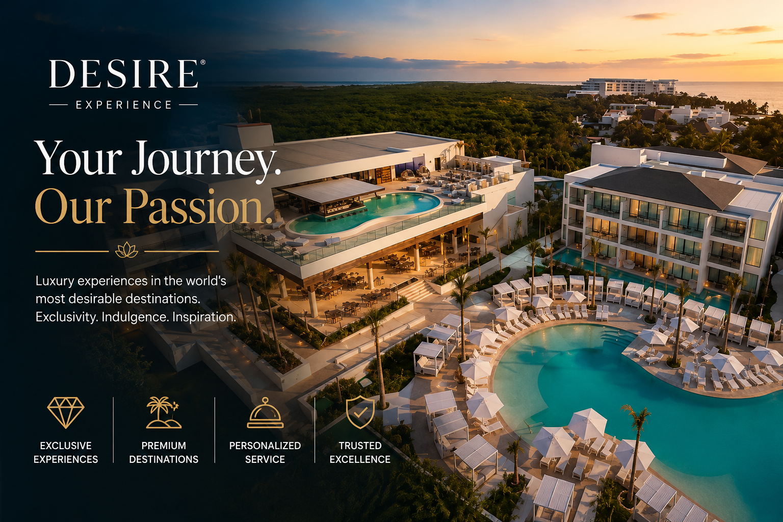 Desire Experience luxury couples-only all-inclusive resorts and romantic vacations featuring beachfront accommodations, gourmet dining, spa experiences, and premium travel amenities.