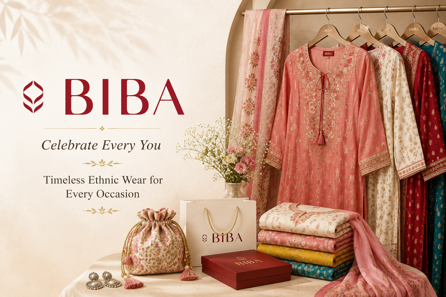 Biba women's ethnic wear collection featuring elegant kurtas, suit sets, dresses, lehengas, traditional outfits, jewellery, and modern Indian fashion styles.