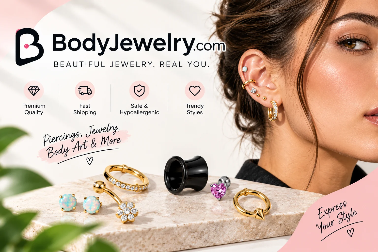 BodyJewelry.com body piercing jewelry collection featuring nose rings, belly rings, earrings, labrets, barbells, septum jewelry, titanium pieces, and surgical steel accessories.